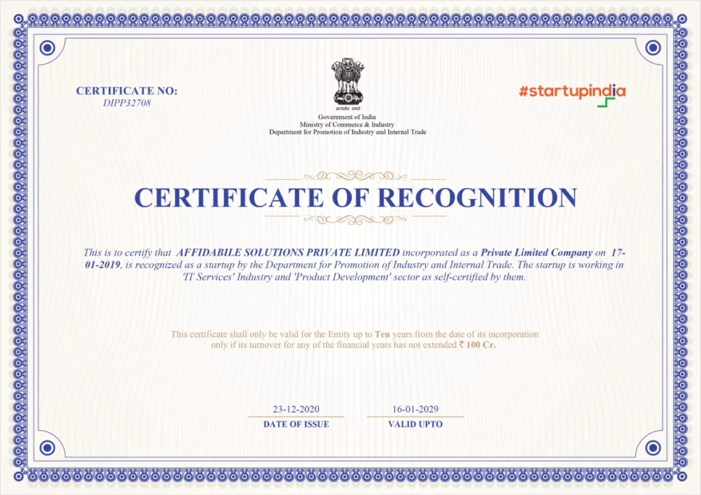 Affidabile Solutions Startup India Certificate